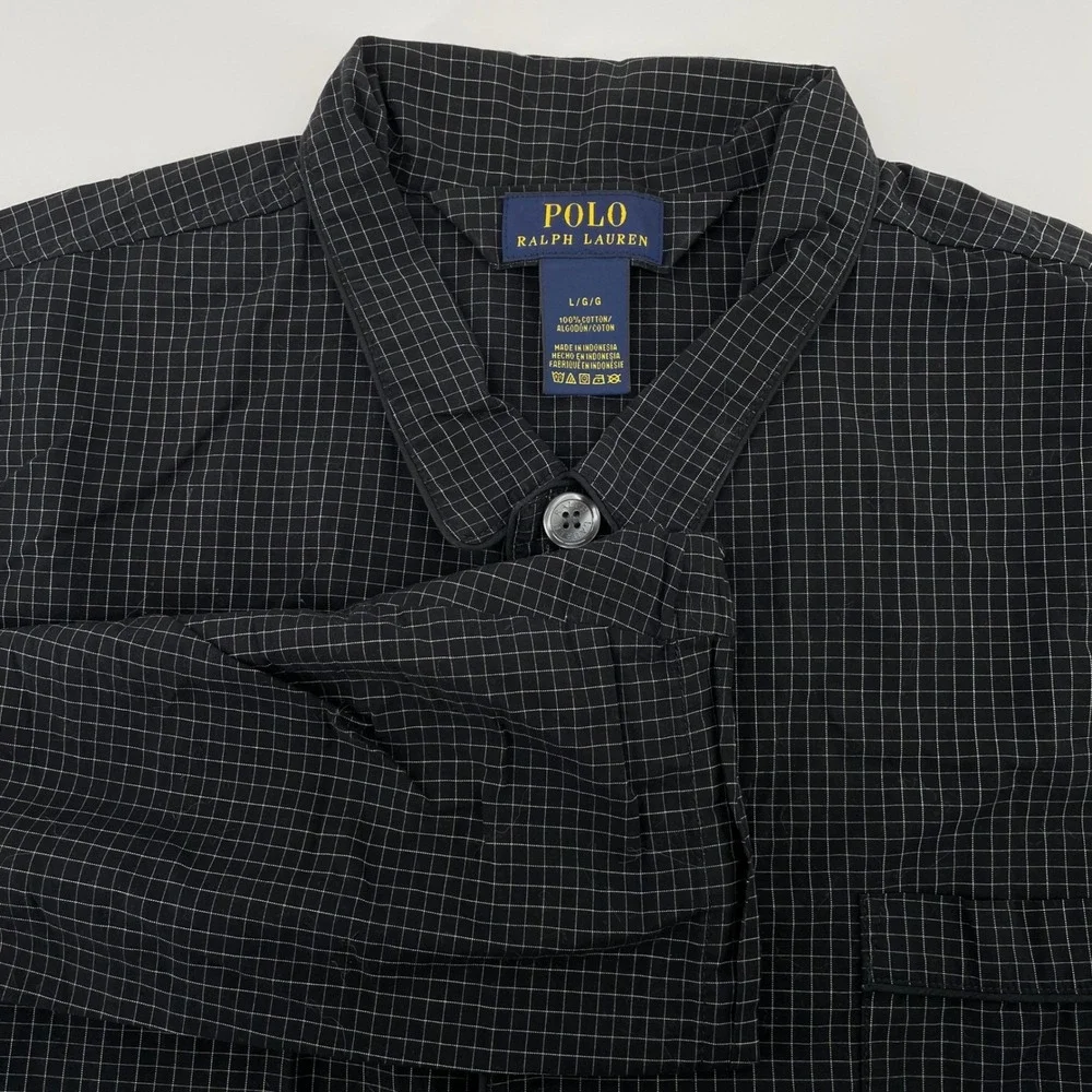 Polo Ralph Lauren Men's Sleep Shirt Large Black Grid Check Cotton Pajama Top